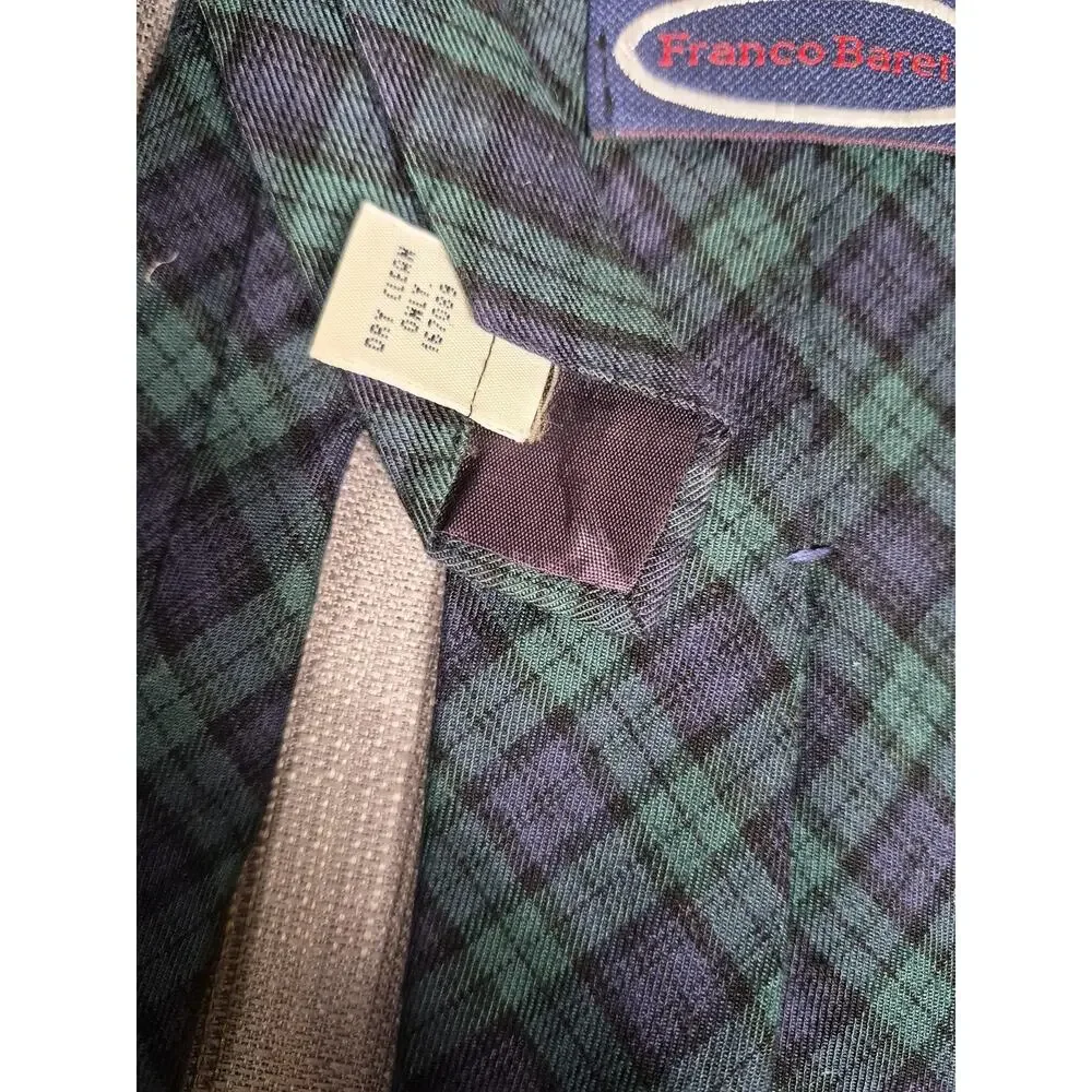 Franco Baretta Tie Mens Green Blue Tartan Plaid 100% Cotton Classic Necktie